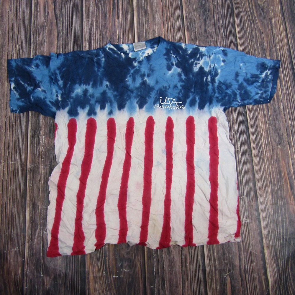 Vintage USA Swimming Shirt Mens Tie Dye Red White Blue Oneita‎ 100% Cotton 90s